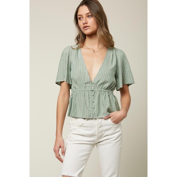 O'Neill Tops - O’Neill Wes Stripe Moss Green V-neck Peplum Top Flowy Short Sleeve Women Size XL